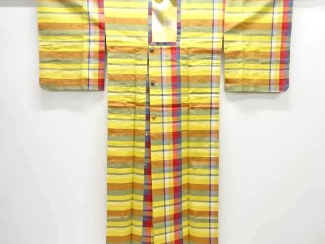 未使用品　格子織り出し手織り紬ロング道行コート